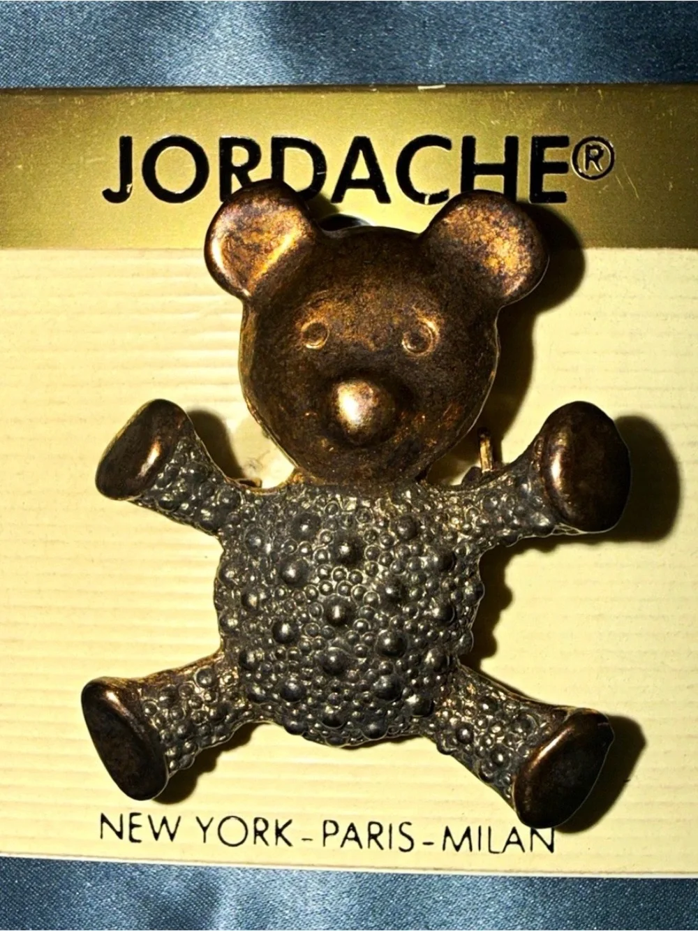 Vintage NOS Jordache Teddy Bear Brooch Pin, 1980s textured Gold-Tone new on card